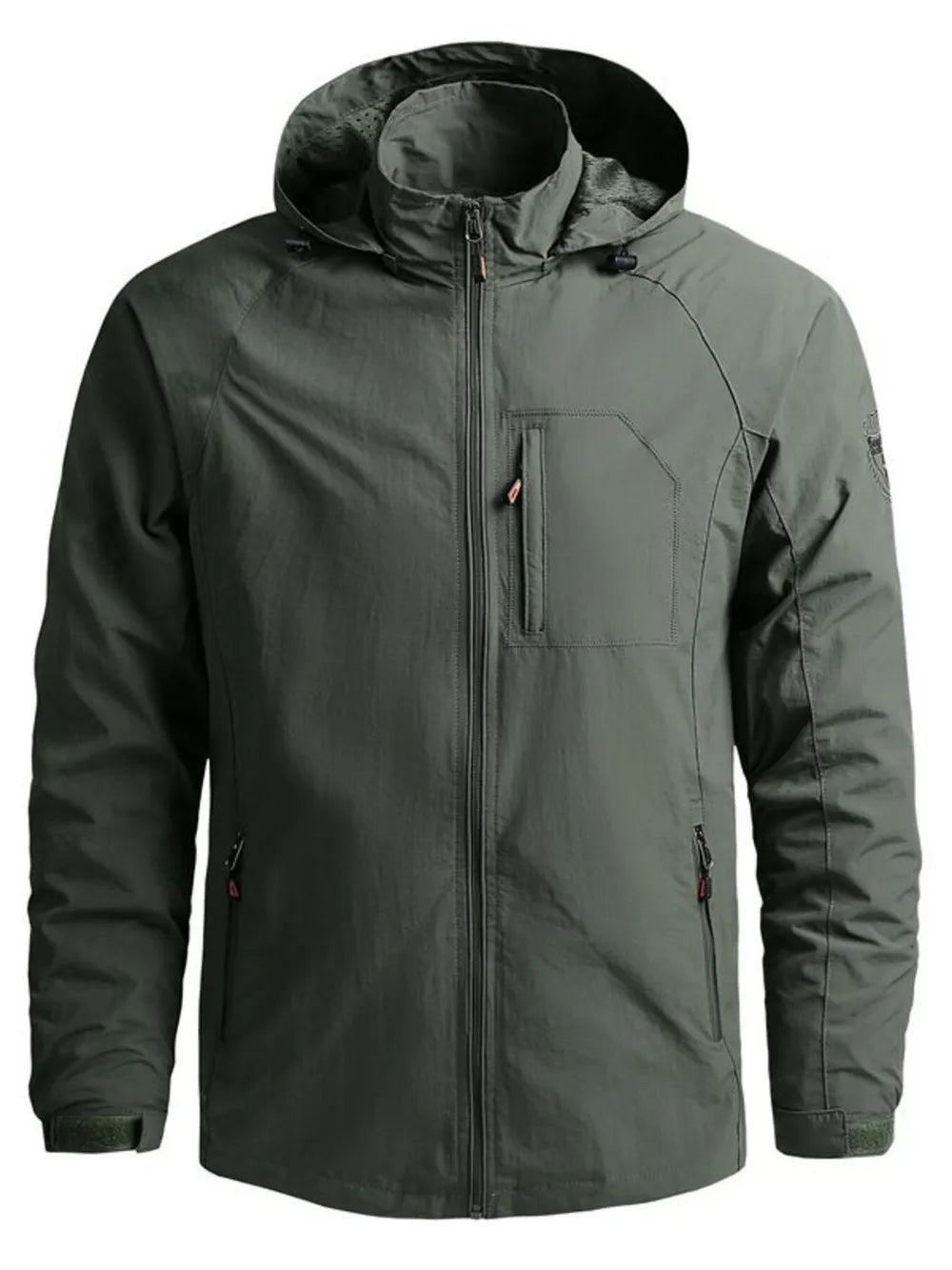 Men's plus size army green hooded zip jacket with chest pocket and zippered pockets.