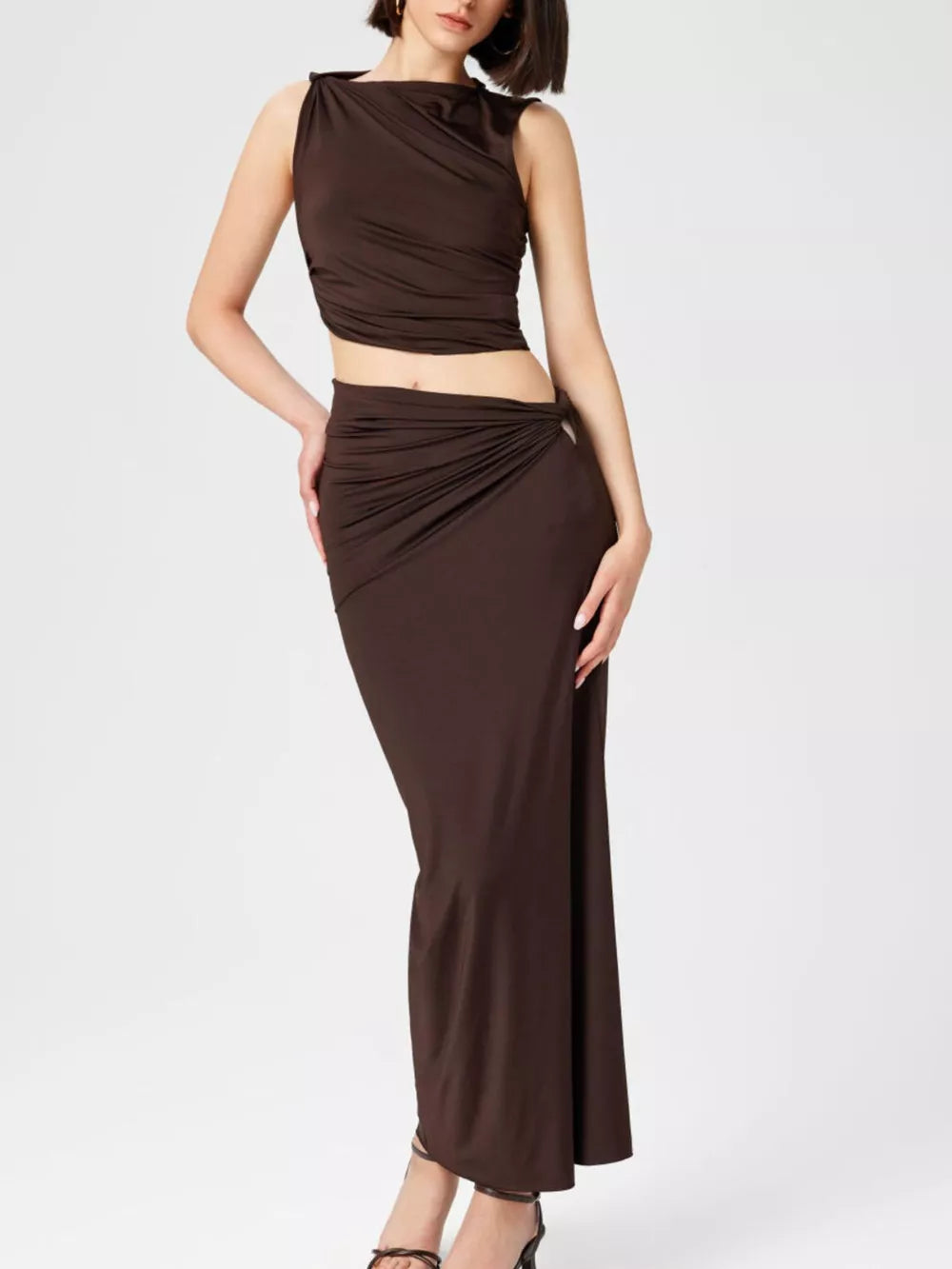 Dark Brown Asymmetrical Ruched Knit Top And Skirt Set