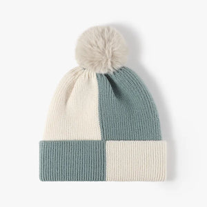 Colorblock knit beanie with pom in cream and teal
