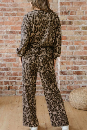 dark brown pajama set featuring pocketed and leopard-print