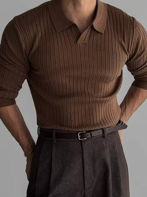 Brown ribbed knit polo shirt with a spread collar and long sleeves.