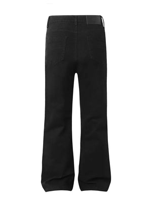 Men's black high-waisted flare leg trousers with back pockets and leather patch.