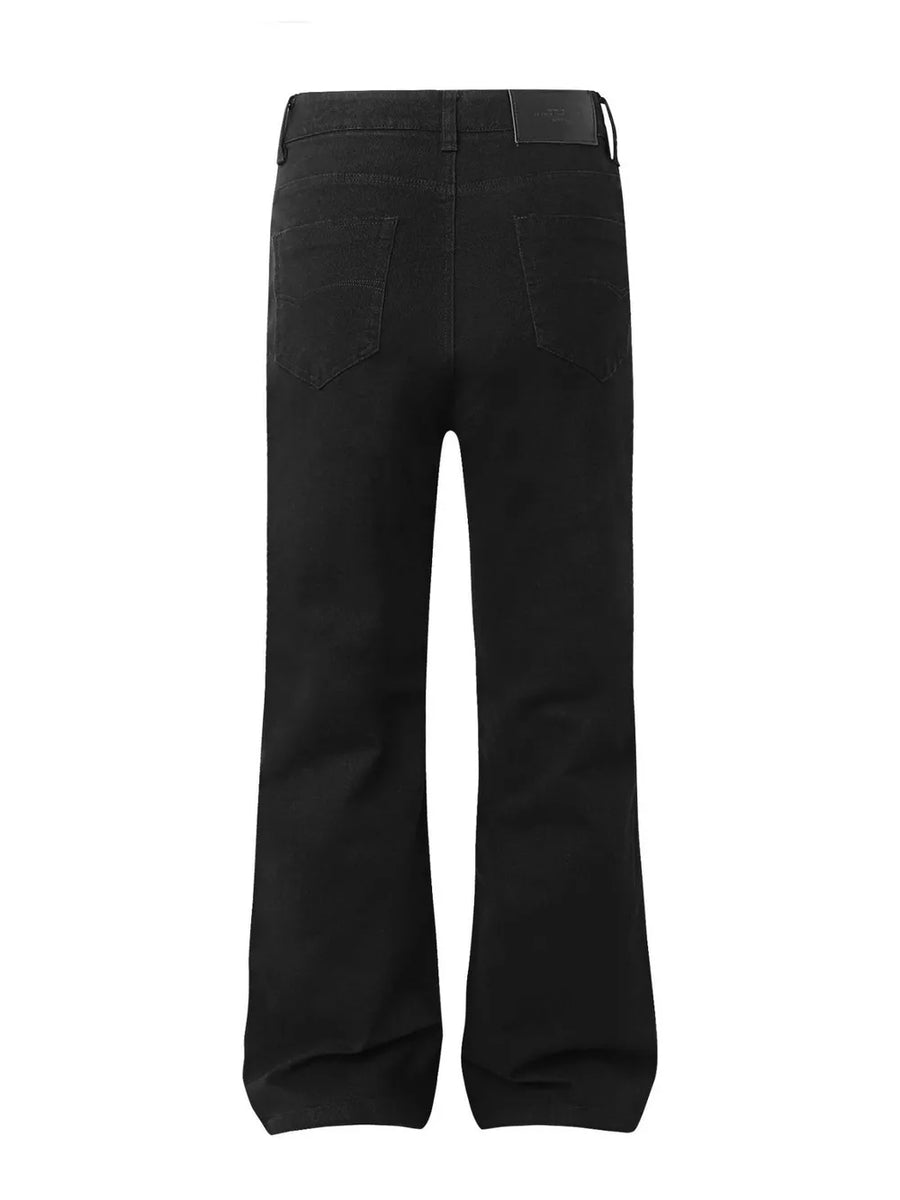Men's black high-waisted flare leg trousers with back pockets and leather patch.