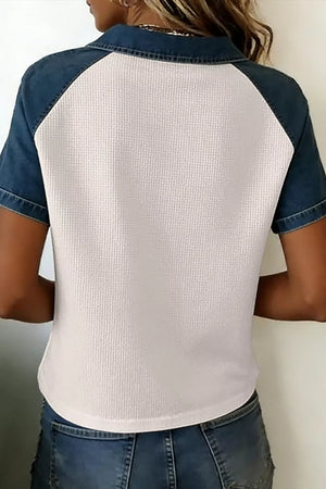 Textured Color Block Denim Polo Collar Tee option 4
