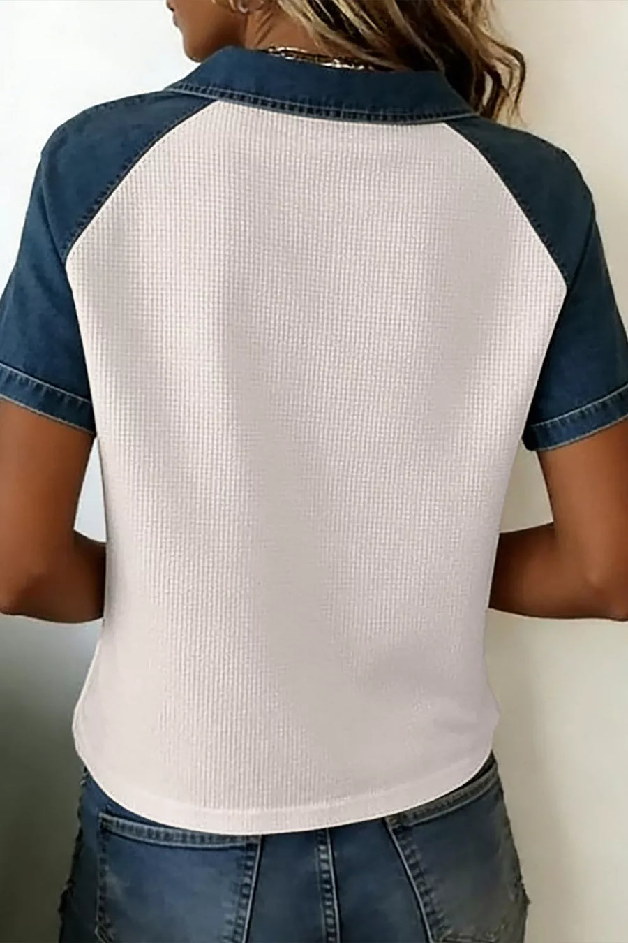 Textured Color Block Denim Polo Collar Tee option 4