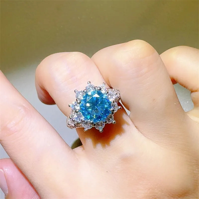 Celestial Bloom Ring in Sterling Silver with a large blue stone and halo of clear stones.