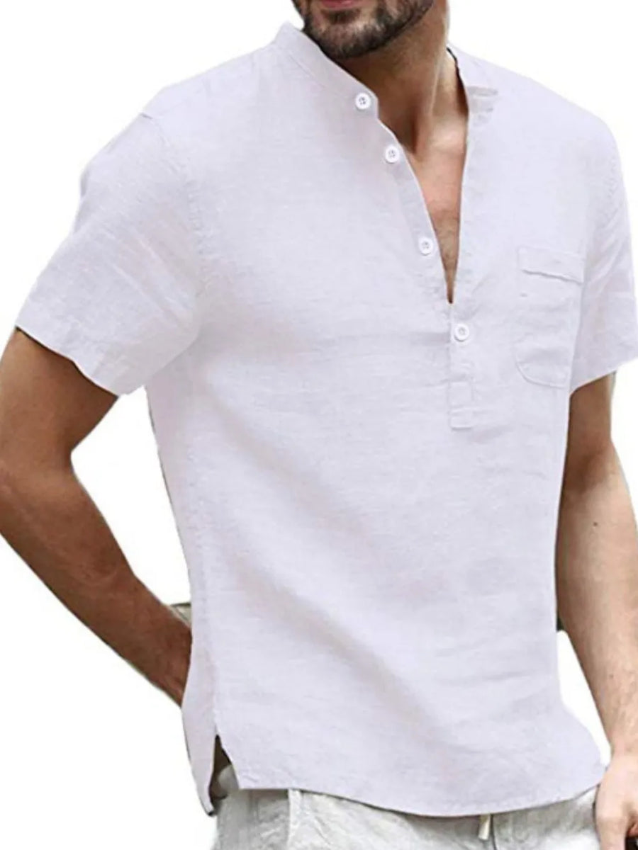 Linen henley shirt in Ivory with short sleeves, button placket, and chest pocket.
