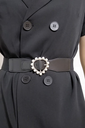 Black stretch belt with pearl-embellished heart buckle
