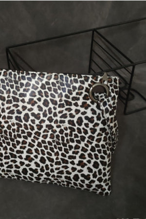 Leopard print clutch bag with zip top and ring detail