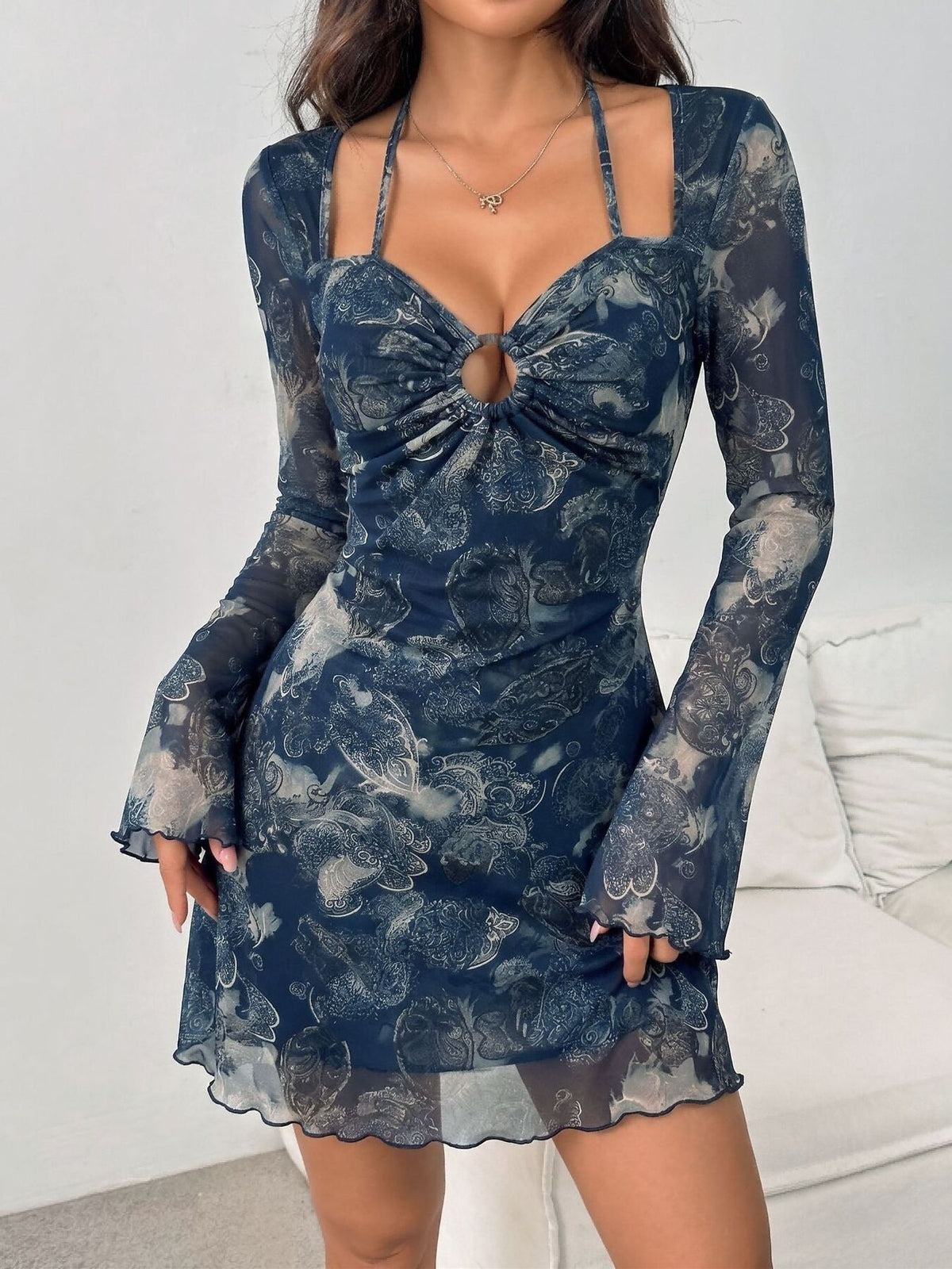 navy blue mini dress with abstract ornamental and square neck