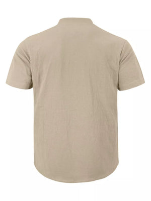 Khaki relaxed fit linen blend men's short sleeve band collar overshirt