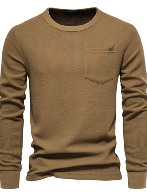 Caramel textured thermal long sleeve tee with crew neck and chest pocket detail.