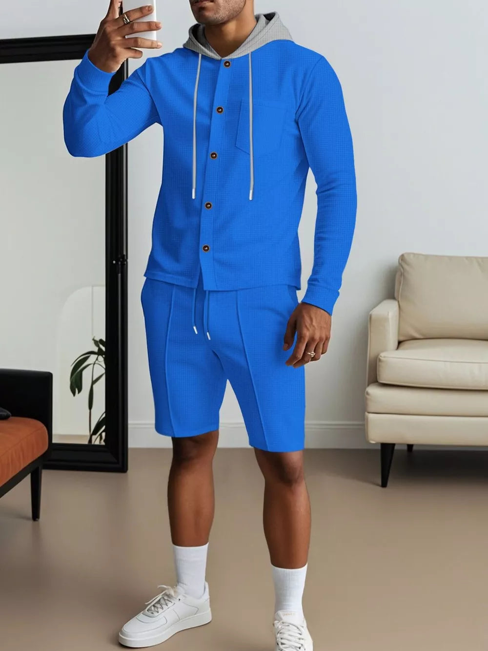 Grey with Men's Casual Hooded Button-up Shirt And Shorts Set