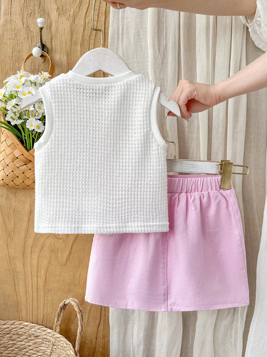 White with Children's Flower Sleeveless Top And Skirt Set