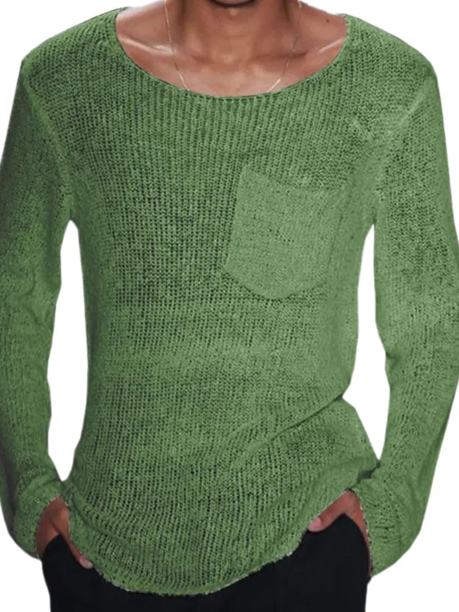 Moss green slub knit pocket tee with scoop neck and long sleeves.