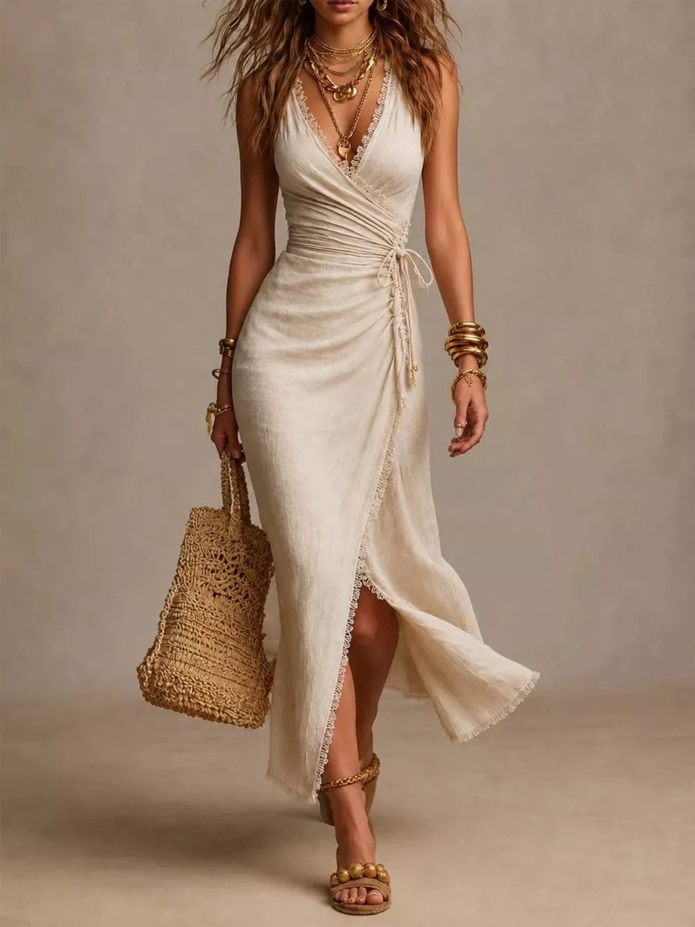 wrap dress in ivory featuring tied and A-line fit