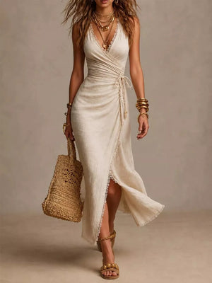 wrap dress in ivory featuring tied and A-line fit