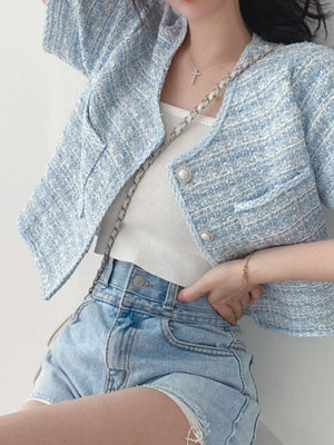 Pearl Button Short Sleeve Tweed Jacket in Black
