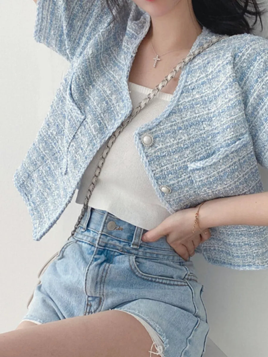 Pearl Button Short Sleeve Tweed Jacket in Black