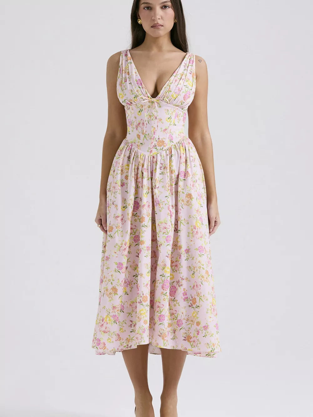 Floral print V-neck midi dress in Floral 1, with a gathered bodice and a-line skirt.