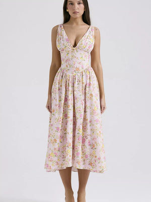 Floral print V-neck midi dress in Floral 1, with a gathered bodice and a-line skirt.
