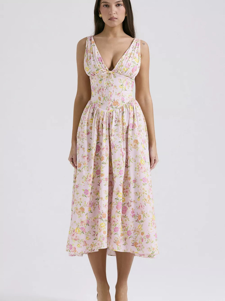 Floral print V-neck midi dress in Floral 1, with a gathered bodice and a-line skirt.