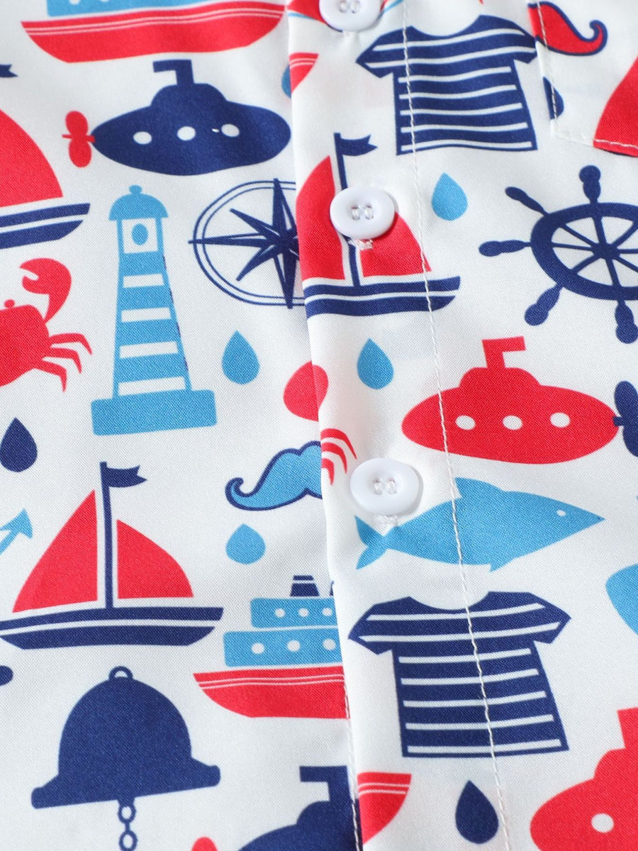Toddler cotton shirt with nautical print, featuring boats, lighthouses, and submarines.