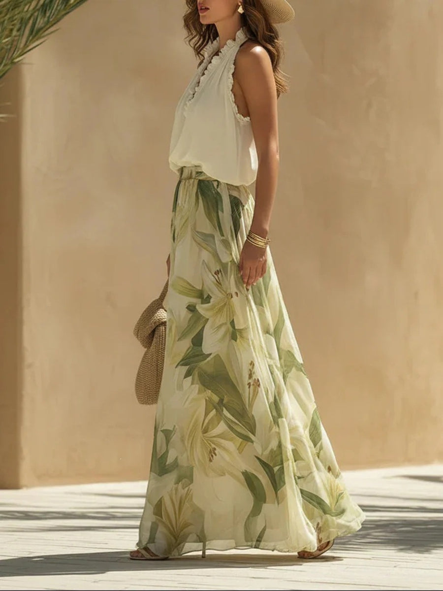 Sage two-piece set featuring ruffled and floral