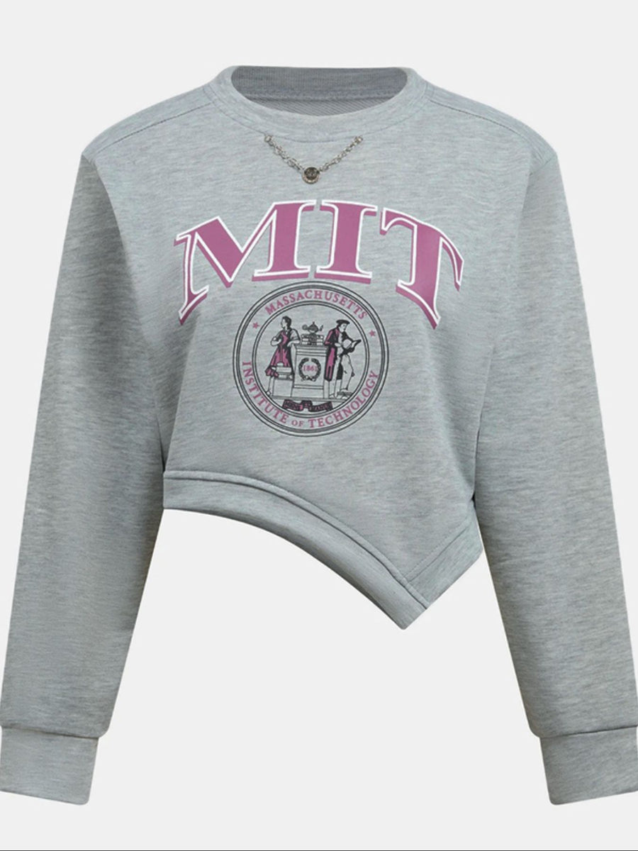 Grey asymmetrical cropped sweatshirt with MIT graphic, crew neck, and long sleeves.