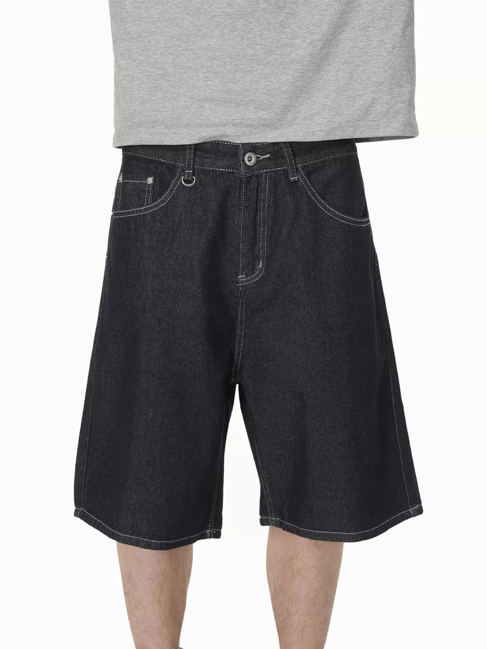 Men's casual cotton denim shorts in dark wash with white stitching and a relaxed fit.