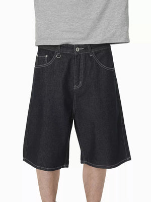 Men's casual cotton denim shorts in dark wash with white stitching and a relaxed fit.