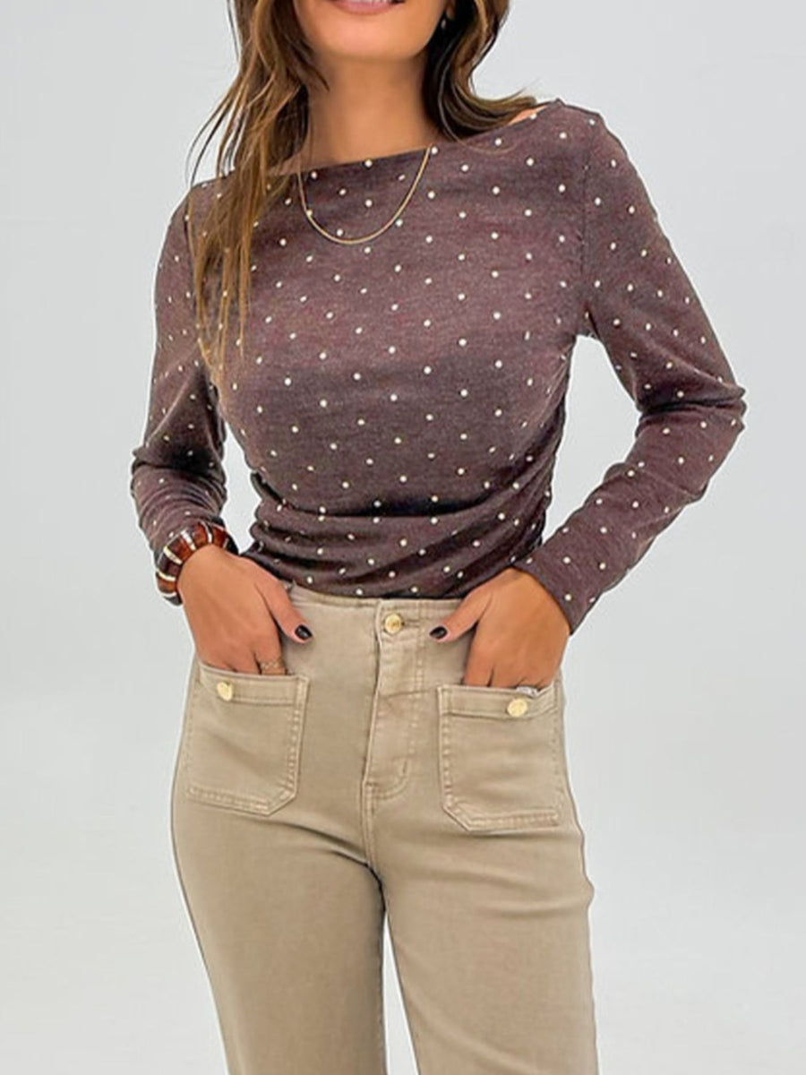 Boat neck polka dot long-sleeve tee in coffee brown with a ruched side detail.
