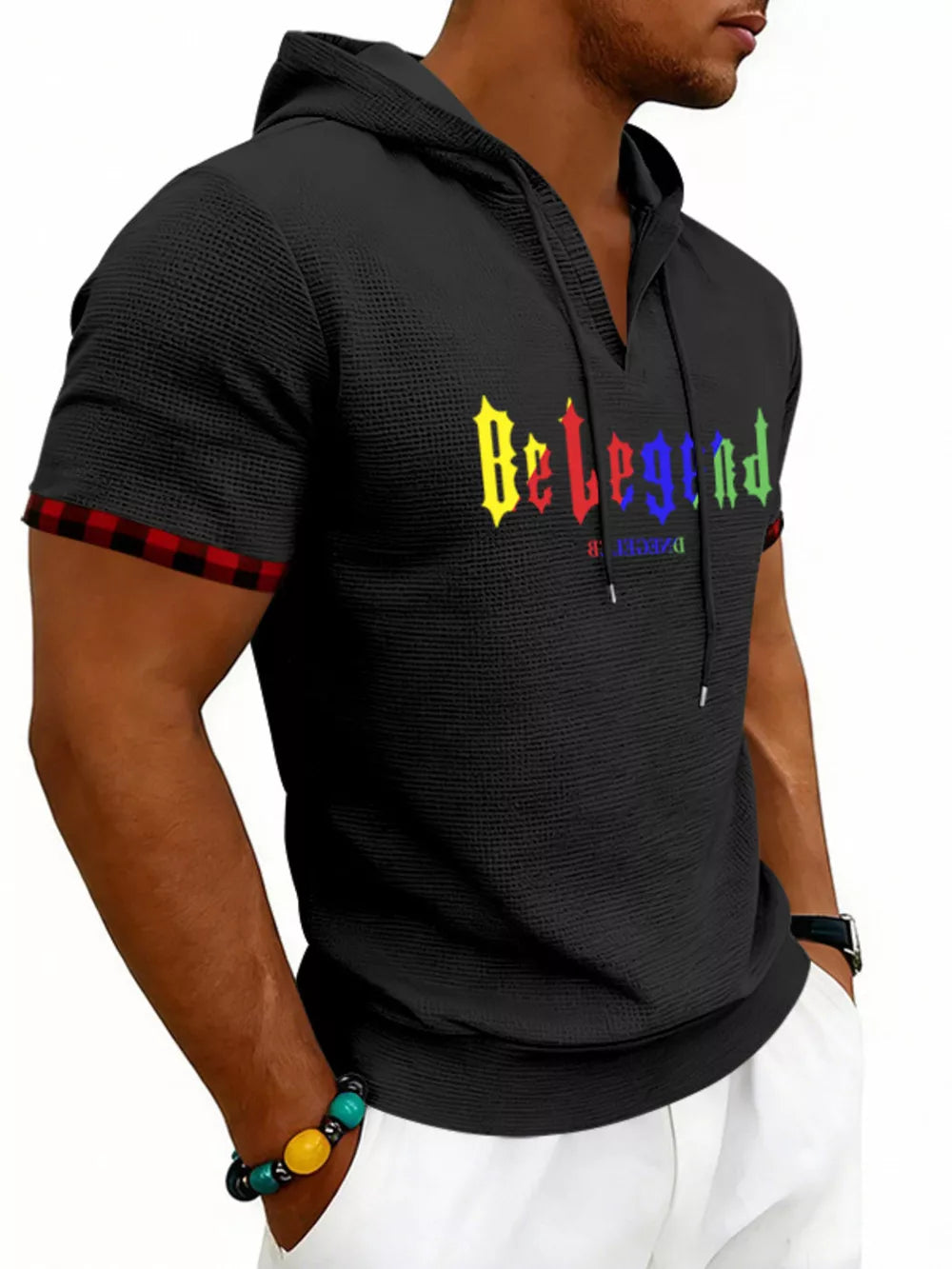 Black Men's Full Size Letter Graphic Short Sleeve Hooded Top