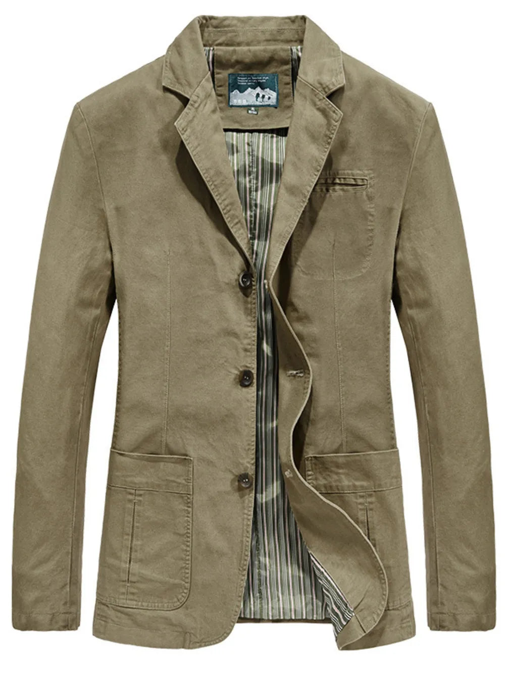 Khaki cotton lapel collar blazer with buttoned front and striped lining.