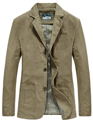 Khaki cotton lapel collar blazer with buttoned front and striped lining.