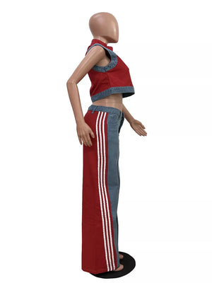 Red zip-front crop top and wide-leg pants set with white side stripes on pants.