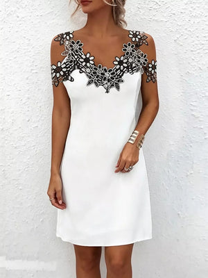 Lace Floral Trim Cold Shoulder Mini Dress in White