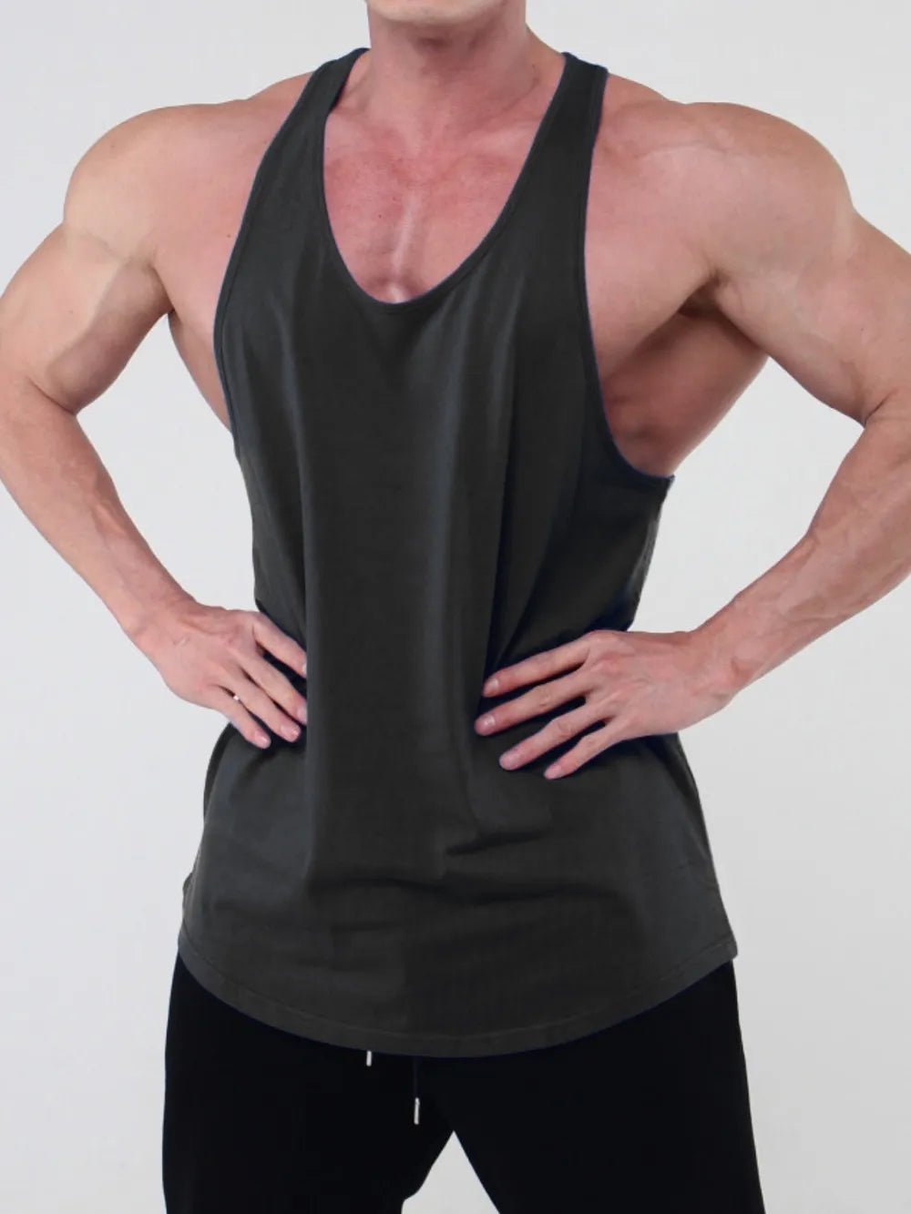 Men's dark grey scoop neck workout tank top with a relaxed fit.