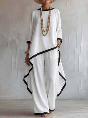 white two-piece set with color-block and round neck