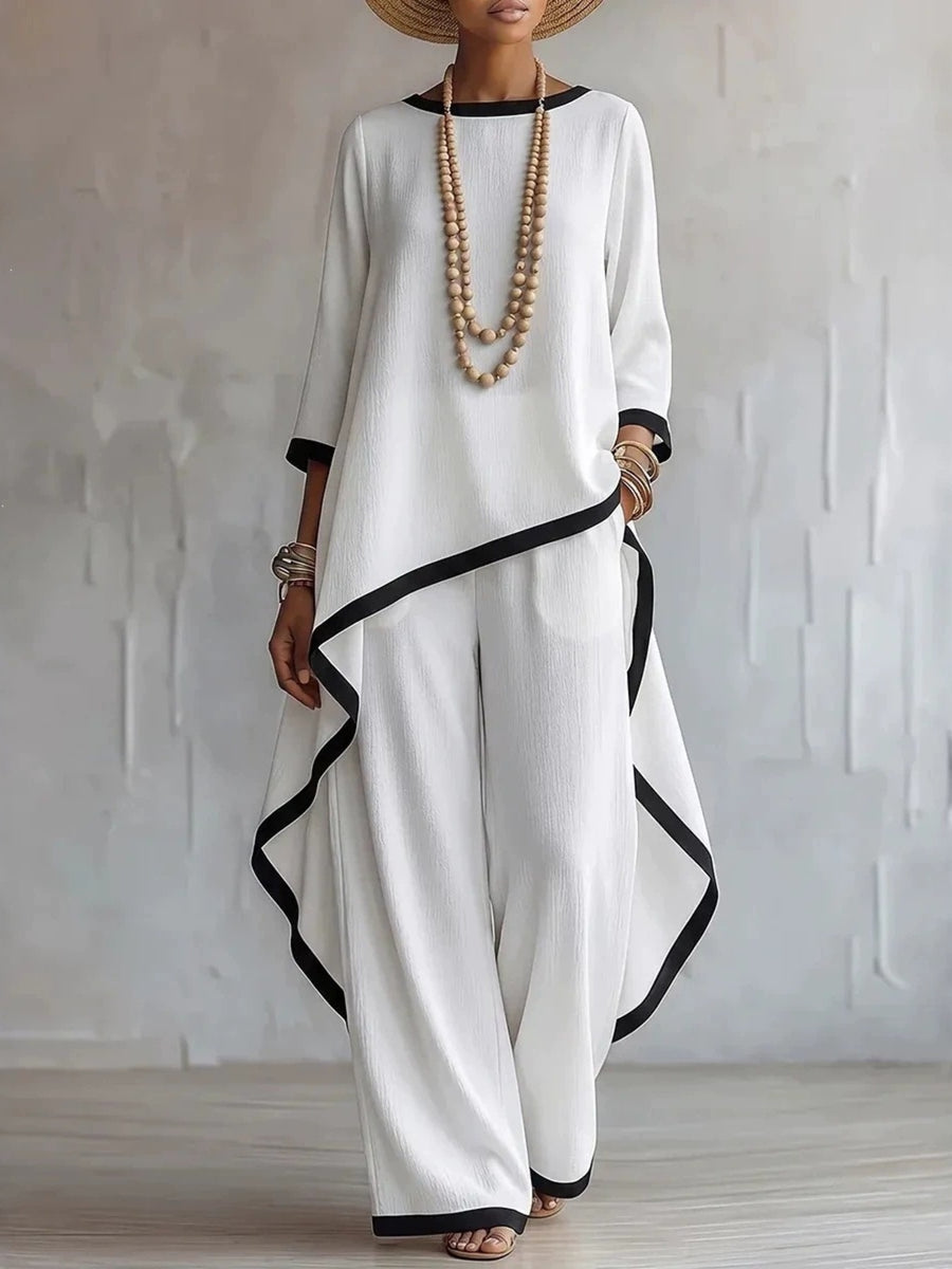 white two-piece set with color-block and round neck