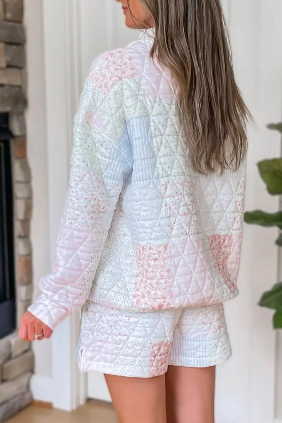 Quilted Long Sleeve Top And Shorts Set in Multicolor