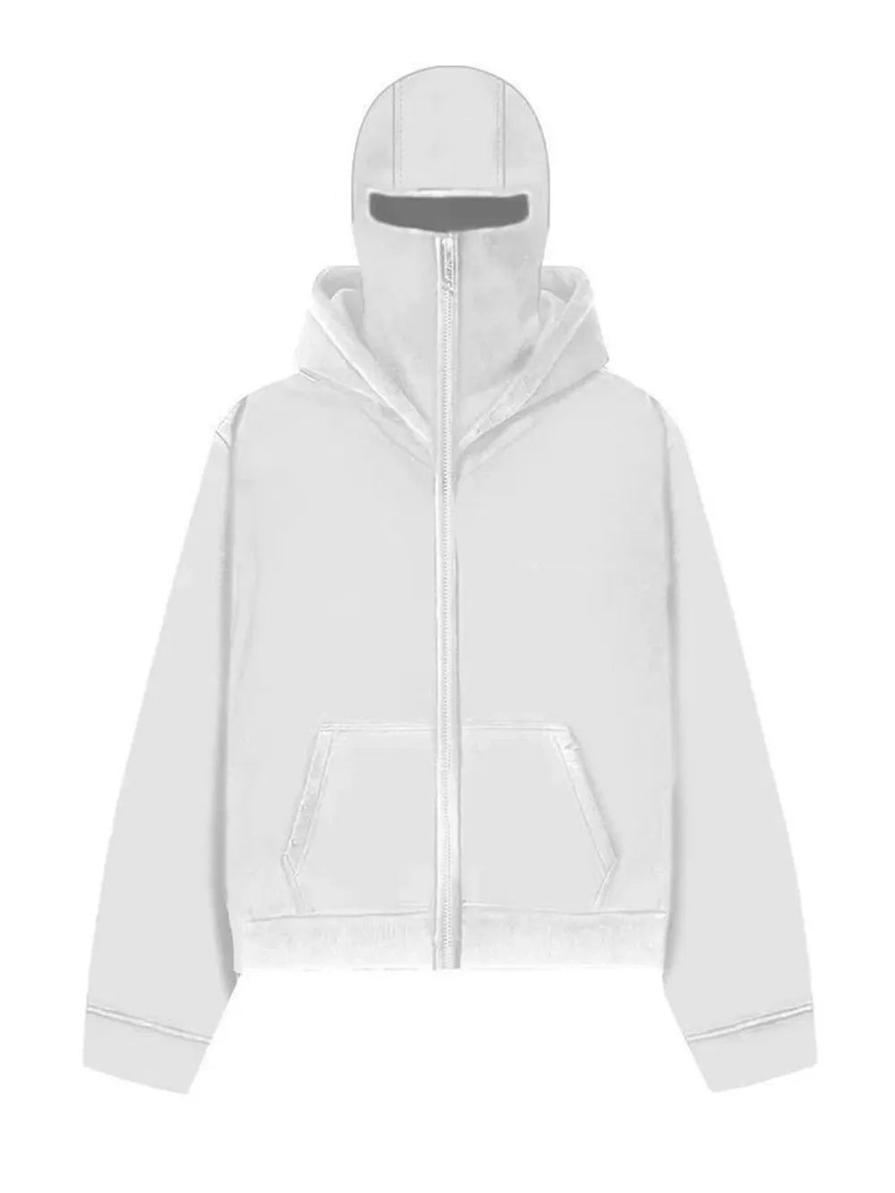 White zip-up hoodie with integrated balaclava hood and front pocket