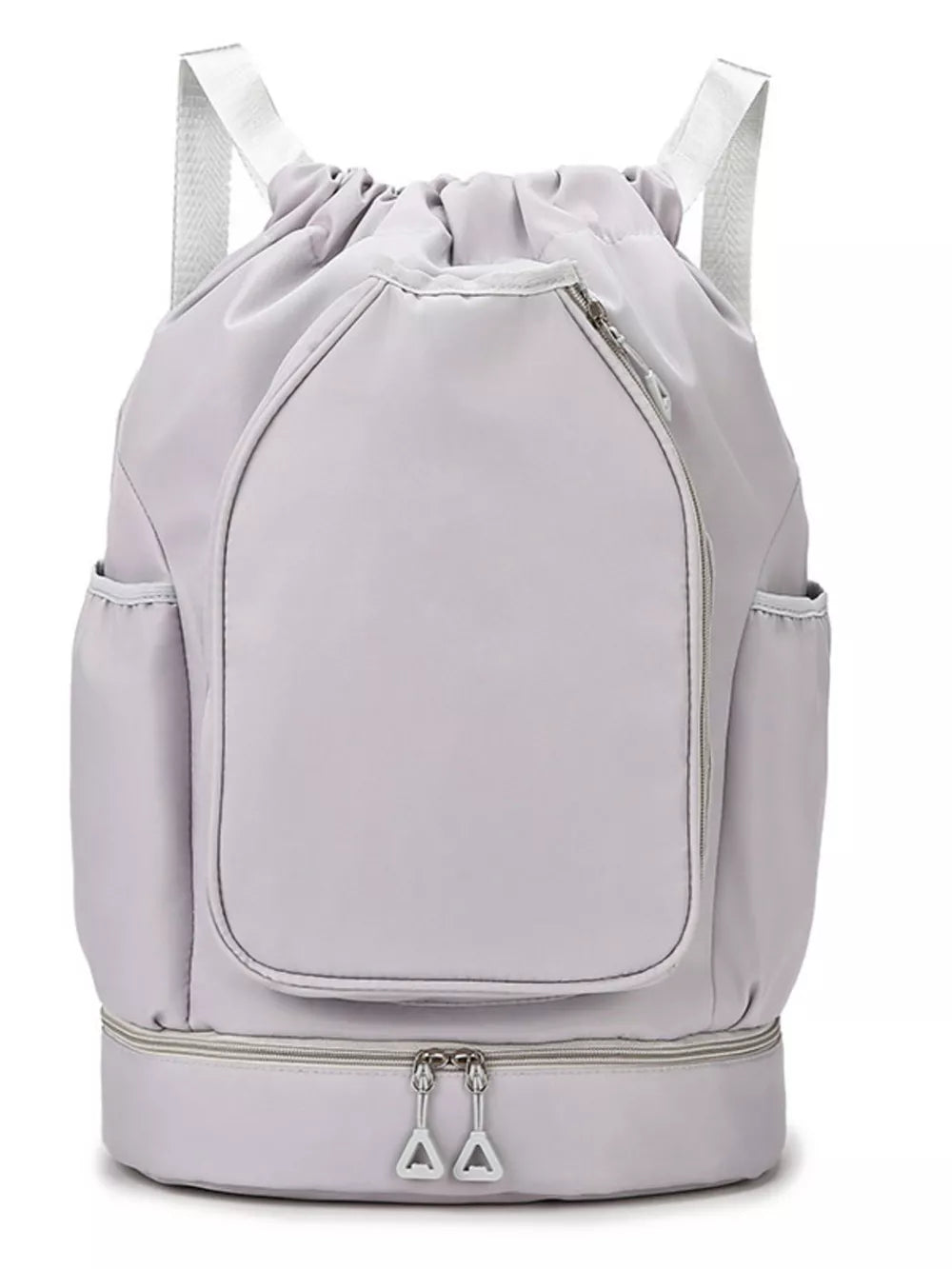 Light gray drawstring duffle bag with zippered bottom compartment and side pockets.