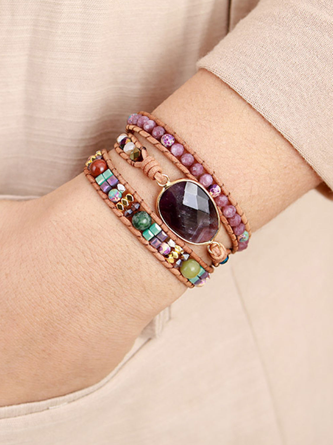 Wrapped amethyst and beaded bracelet with leather cord and colorful stones