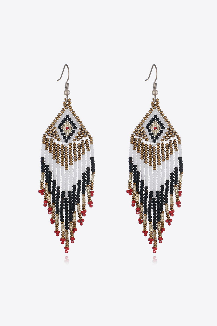 Beaded diamond fringe earrings in white, black, gold, and red.