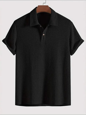 Black textured polo shirt with rolled sleeve detail