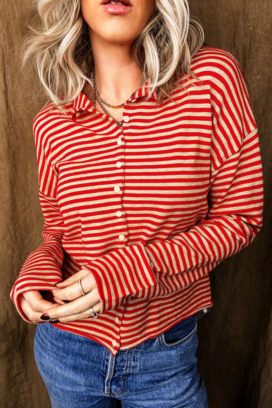 Striped Button Collar Long Sleeve Cardigan in Scarlet