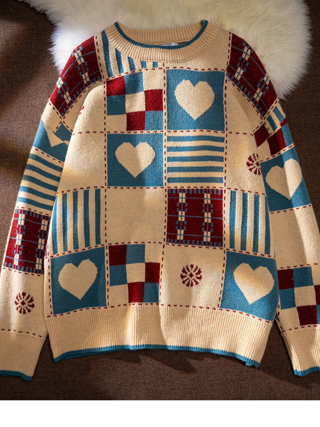 Men's cream sweater with heart and checkered patchwork pattern, crew neck, long sleeves.