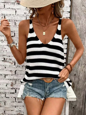 Relaxed black and white striped knit V-neck tank top with a relaxed fit.