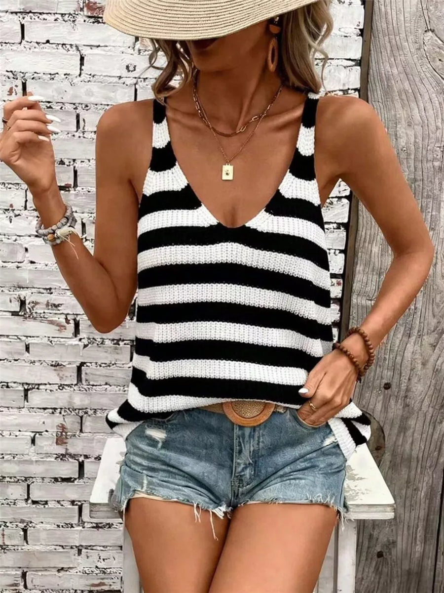 Relaxed black and white striped knit V-neck tank top with a relaxed fit.